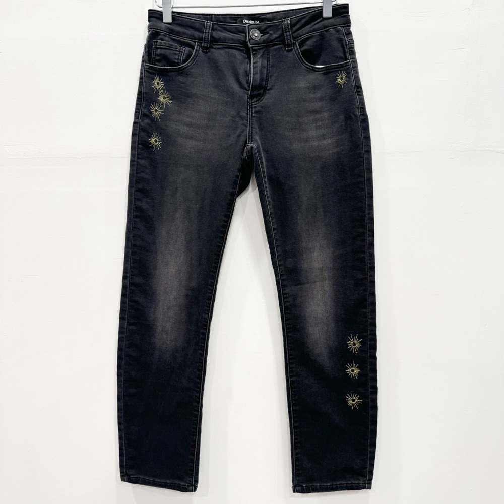 Desigual Barcelona Stars Exotic Jeans Black Size 29 Embroidered